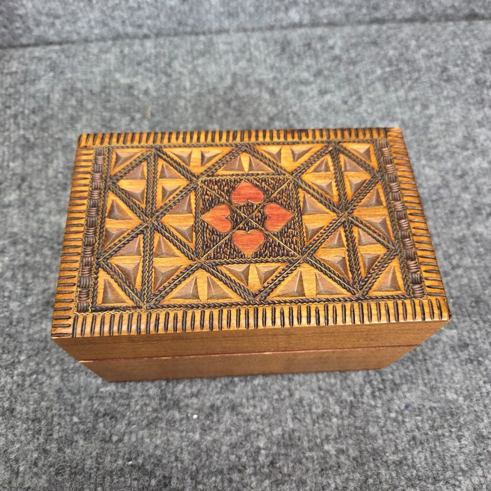 Vintage Wooden Hand Carved‎ Polish Trinket Jewelry Storage Box Made In Poland